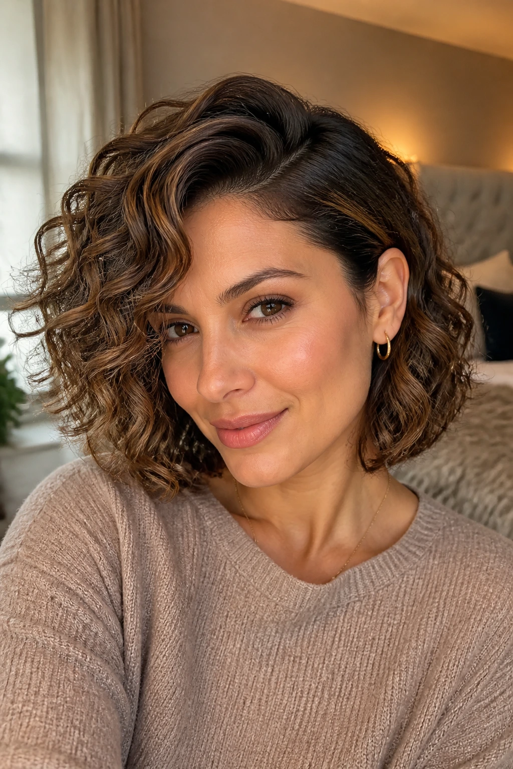Close-up of Side-Parted Curly Lob with Toffee Lowlights on a real person in warm bedroom lighting