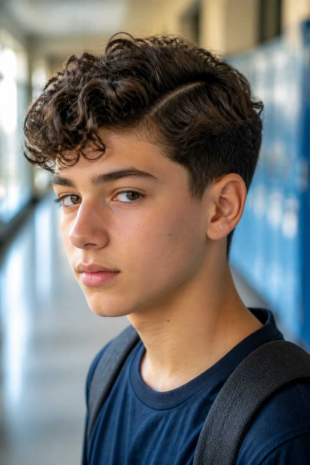 Close-up of a boy with side-parted curly cut and scissor-taper