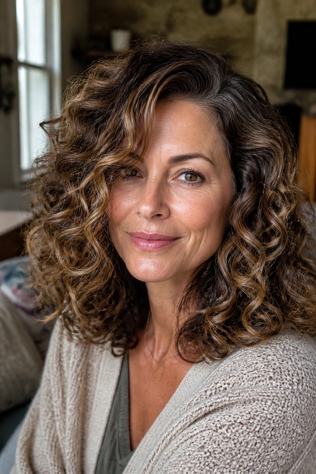 Close-up of a real woman's shoulder-length curly hair with a side part and toffee framing lowlights