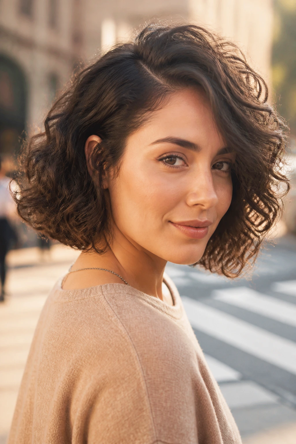 Close-up of a real woman with a side-parted curly bob