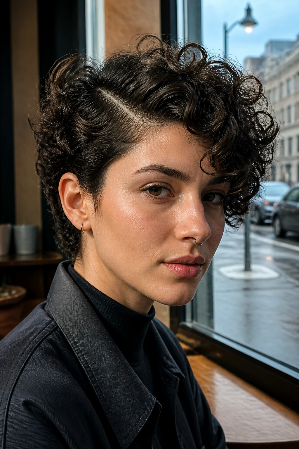 Close-up of a real person with a deep side part in a curly crop.
