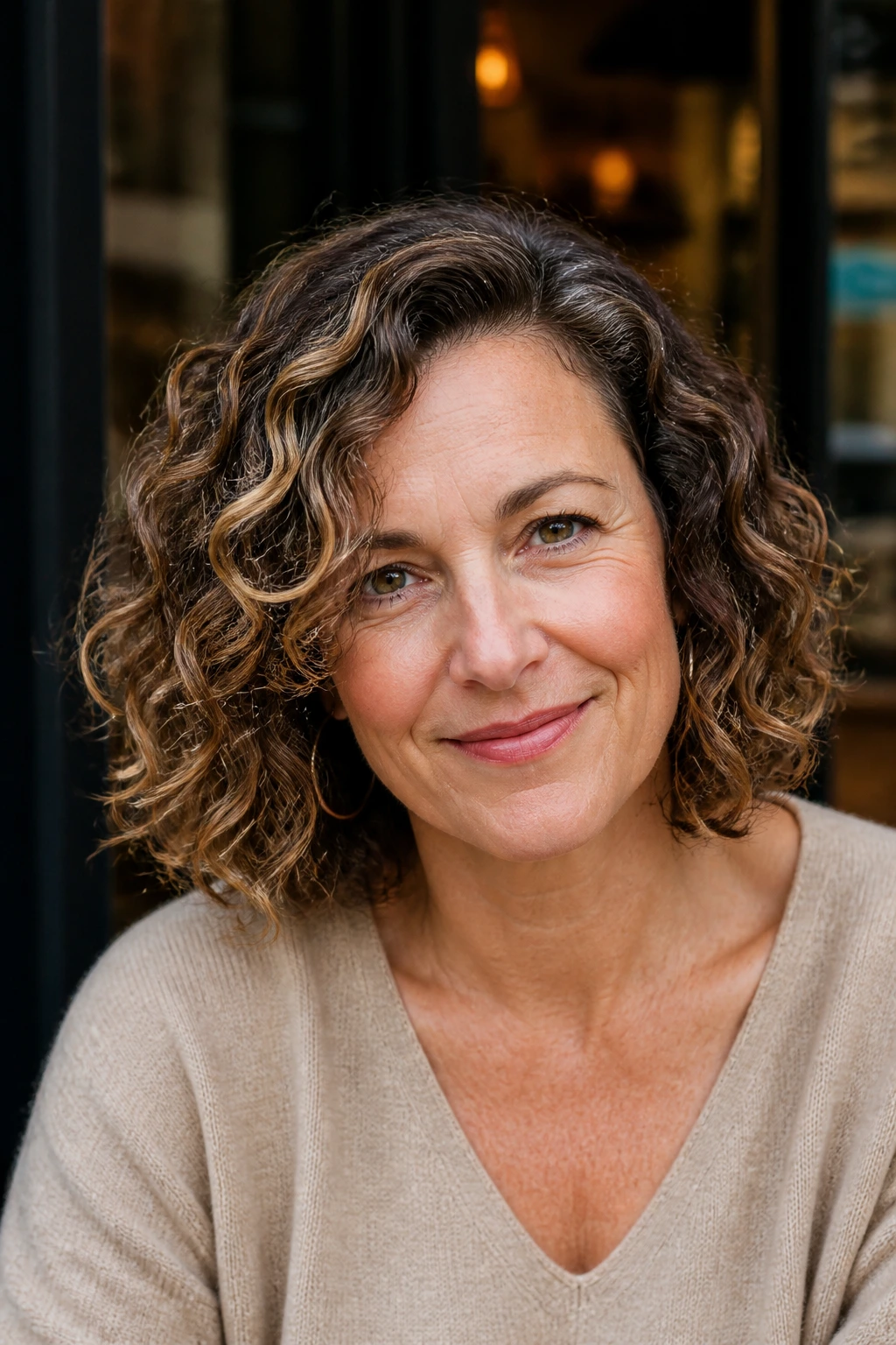 Close-up of a real woman with a side-parted curly lob