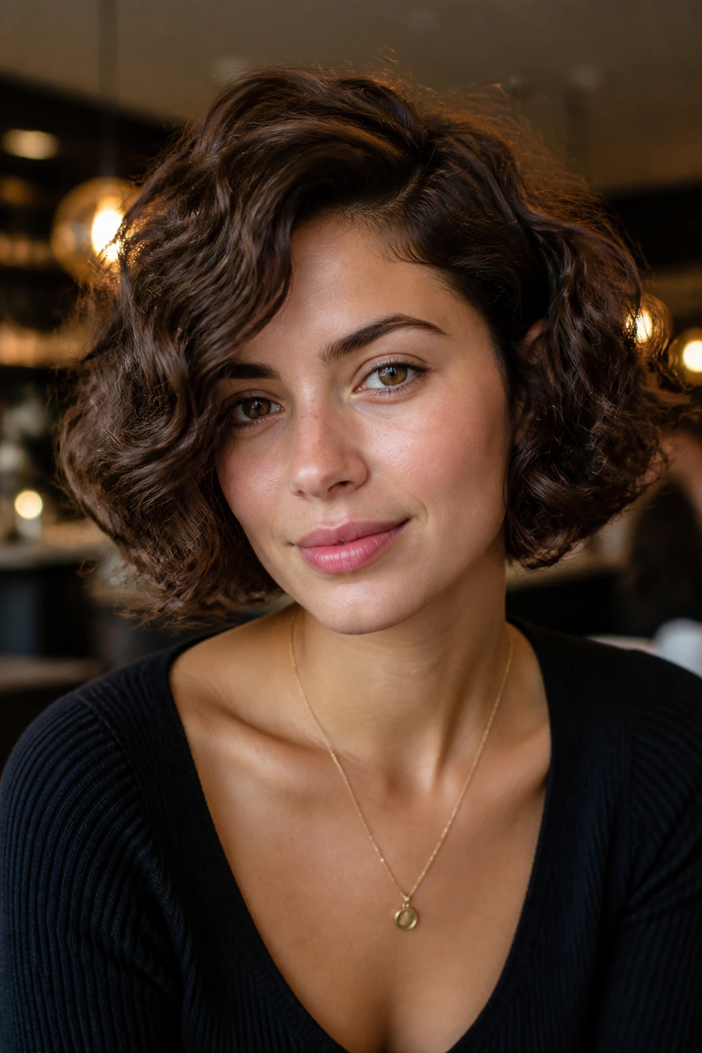 Real woman with a side-parted French curly bob brushing the cheekbones