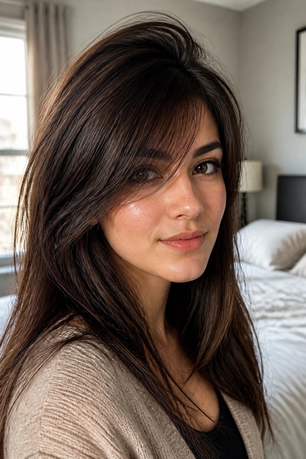 Close-up portrait of a real person with side-parted fringe and built-in volume at the part.