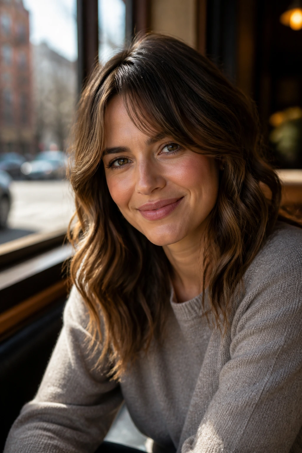 Portrait of a real woman with side-parted split fringe and wavy hair