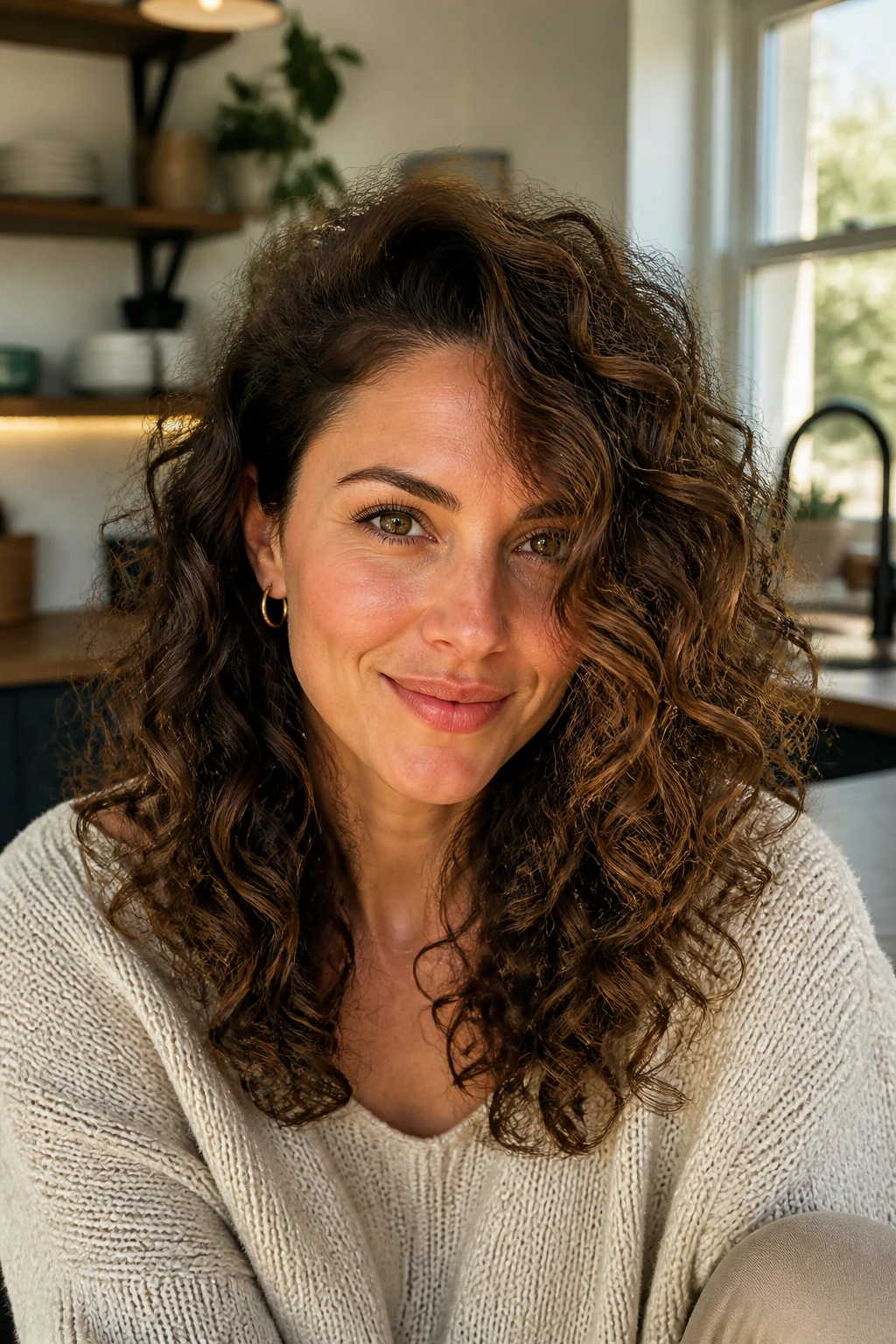 Portrait of a real woman with a deep side part and layered curls