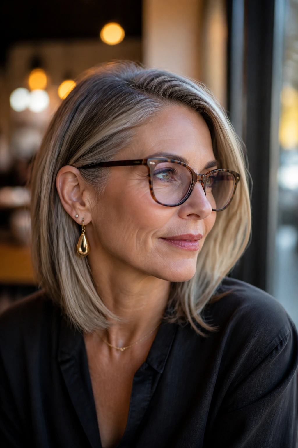 Portrait of a woman with a side-parted layered lob and tucked front pieces