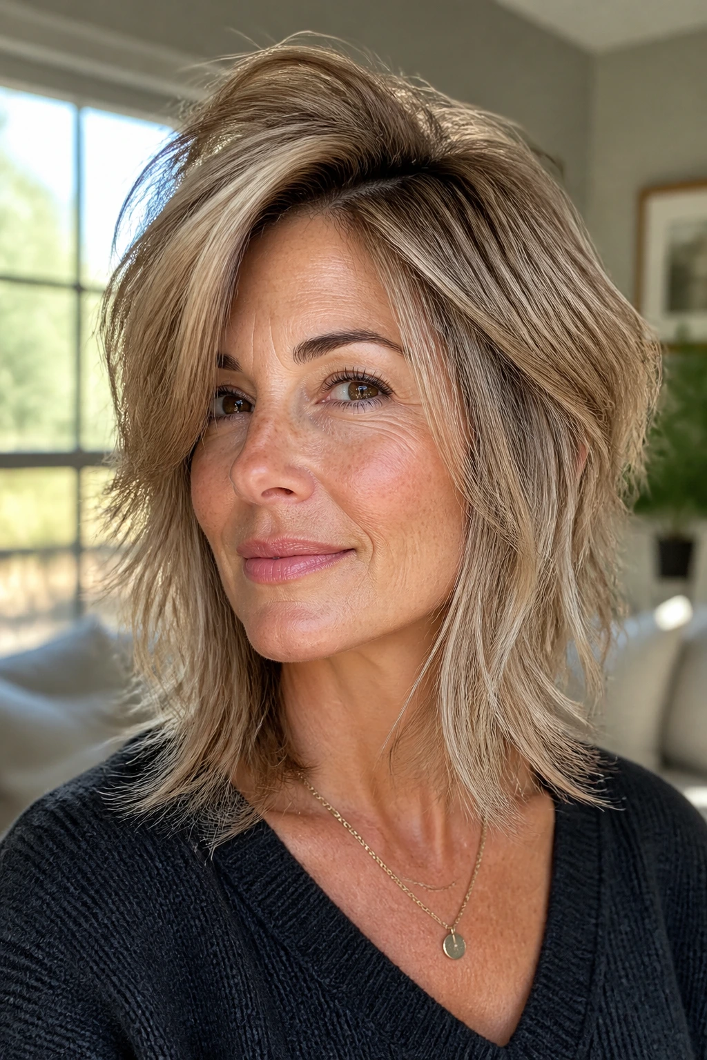 Real woman with side-parted layered shag showing face-framing layers and lift