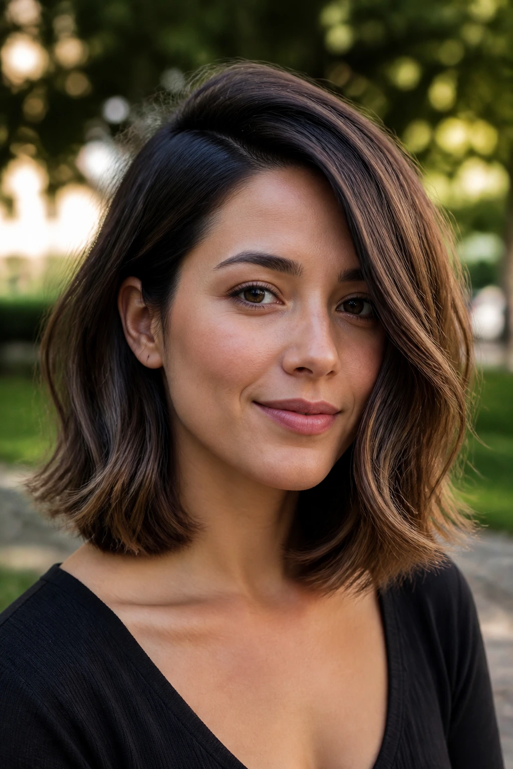 Close-up portrait of a real woman with a side-parted C-shape lob against a blurred outdoor background