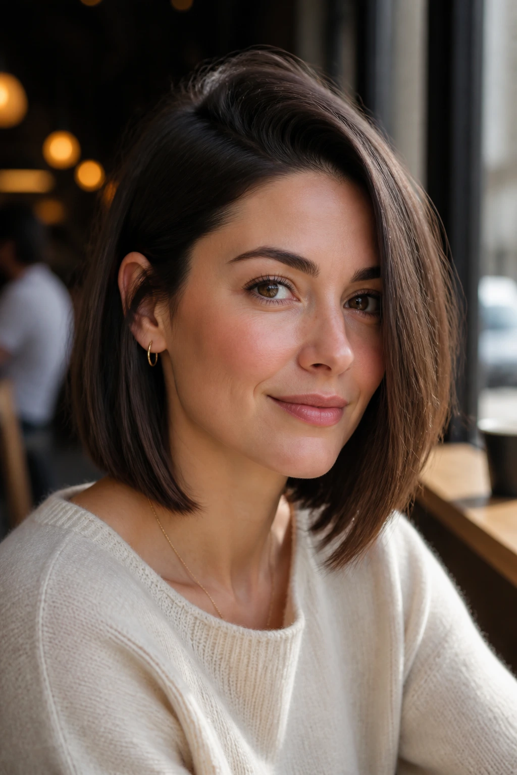 Real woman with side-parted lob displaying root lift and open face on oval shape.