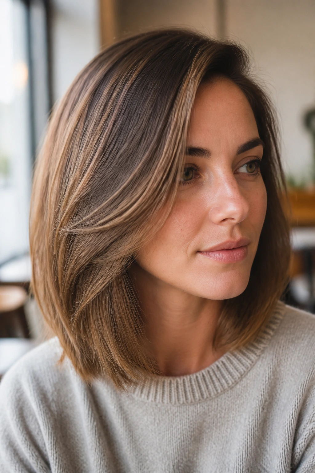Real woman with side-parted lob showing invisible texture in natural light