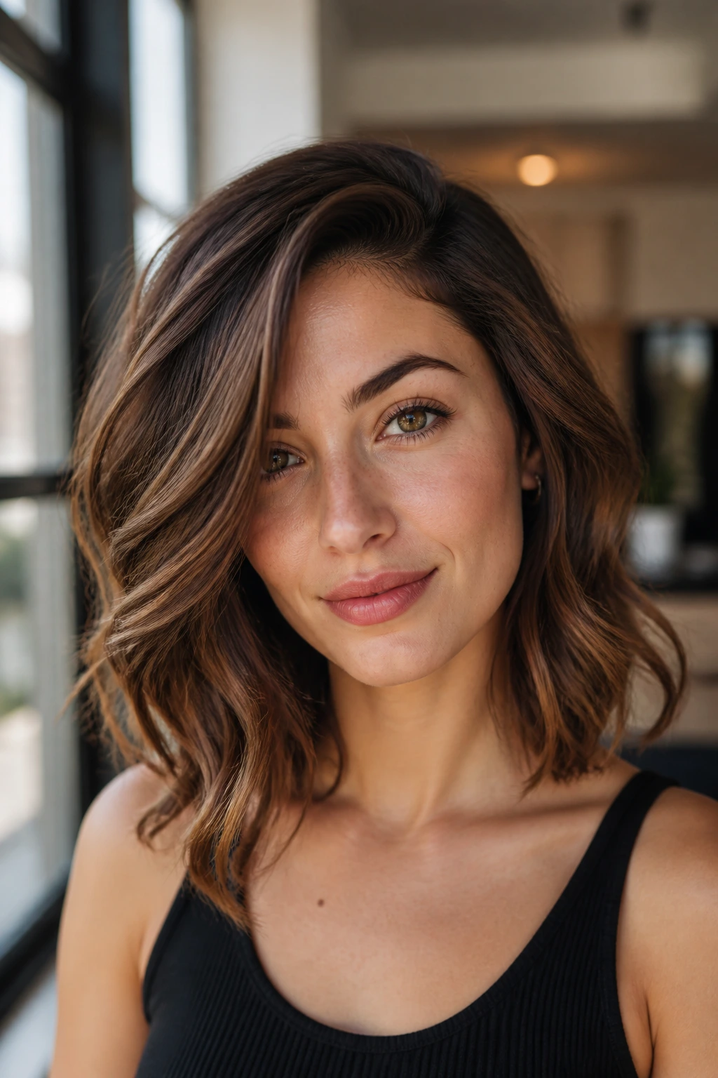 Close-up of a real woman with side-parted lob and long face-framing layers.