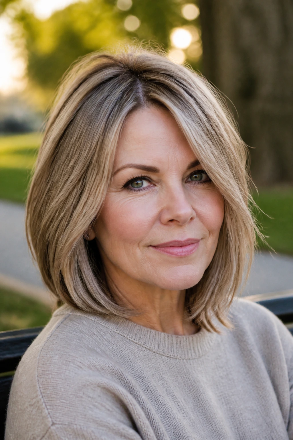Real woman with side-parted lob and soft diagonal front layers.