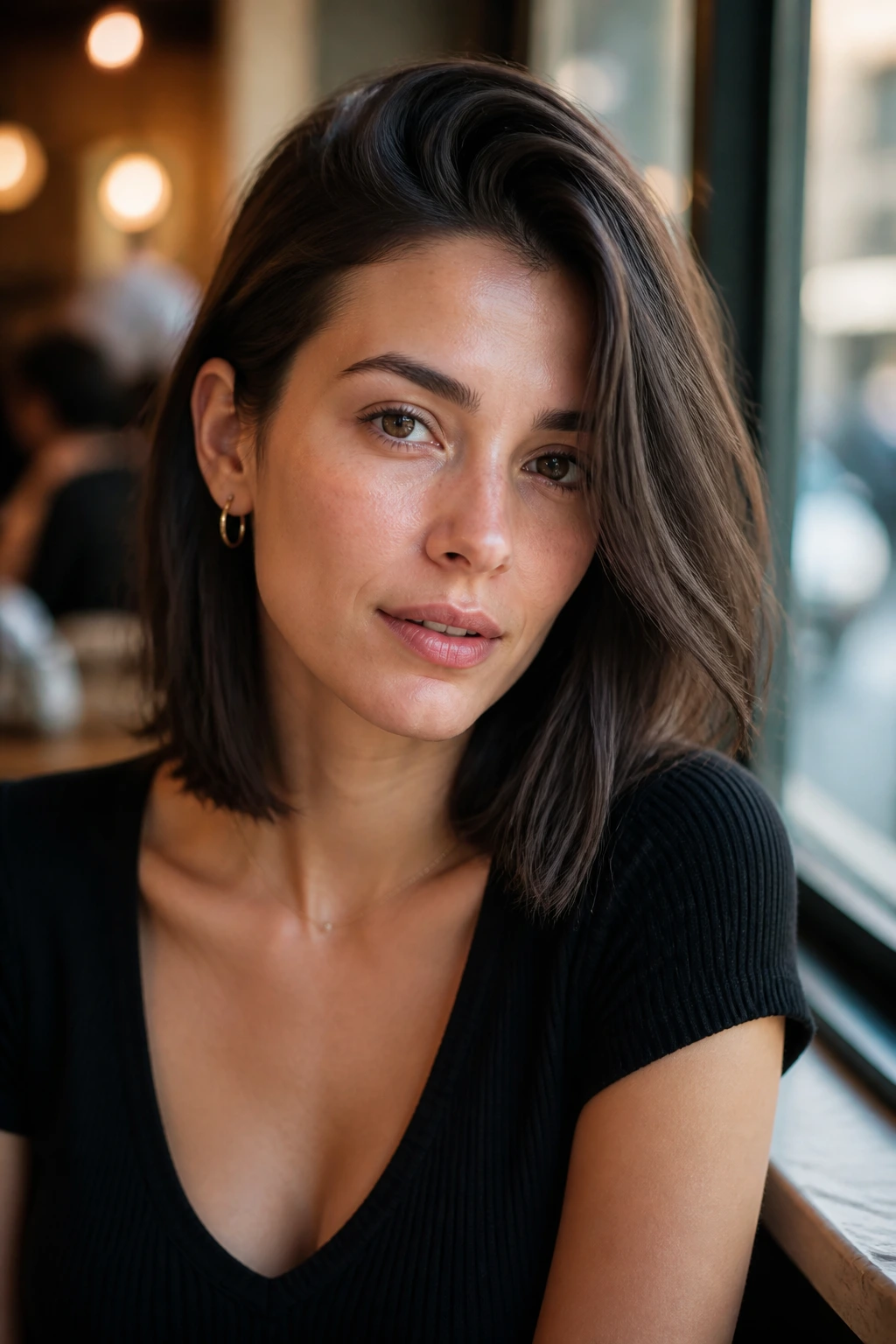 Close-up of a real person with a deep side-parted lob showing lift and collarbone-length ends