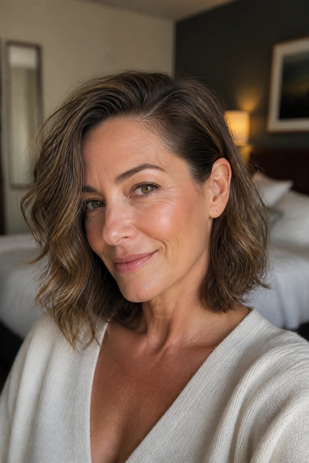 Close-up portrait of a woman with a side-parted lob and one side tucked behind the ear