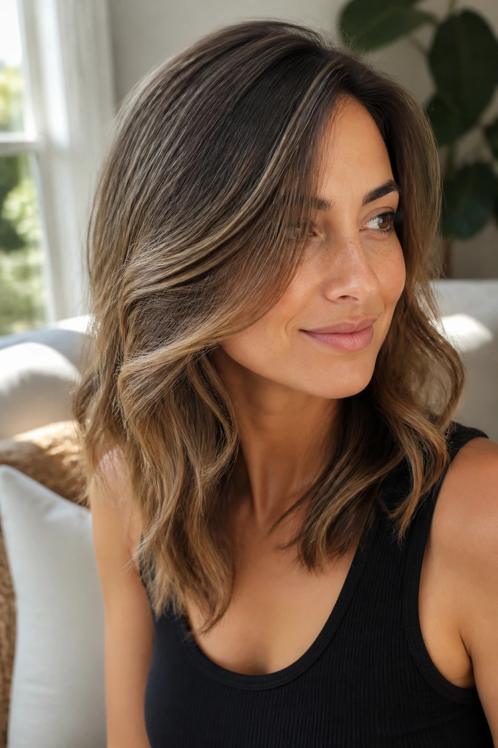 Real woman with side-parted cut and long curtain layers