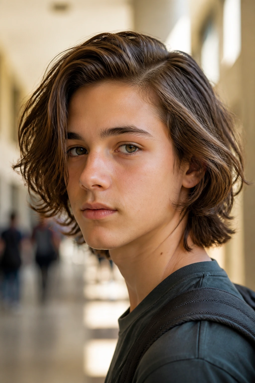 Boy with side-parted long layers hairstyle in a sunlit hallway