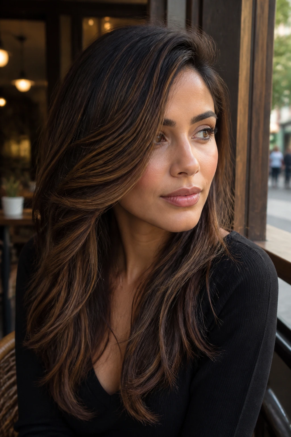 Close-up of a real woman with side-parted long layers and caramel ribbons in brunette under soft daylight