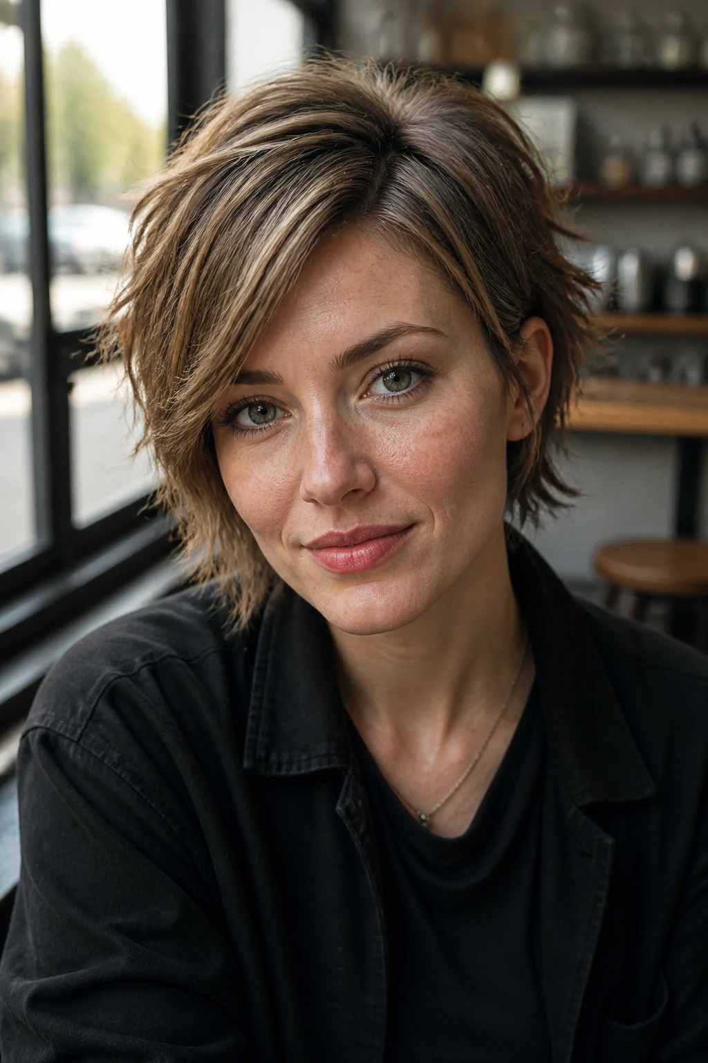 Real person wearing a side-parted micro shag with soft layers and side part
