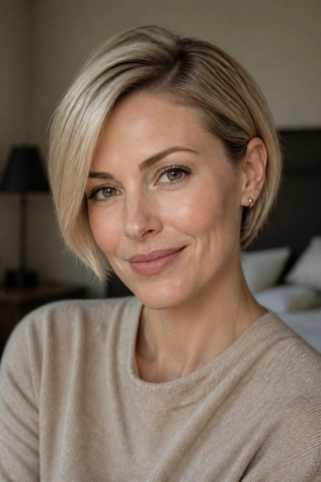 Close-up portrait of a real woman with a side-parted mini bob.