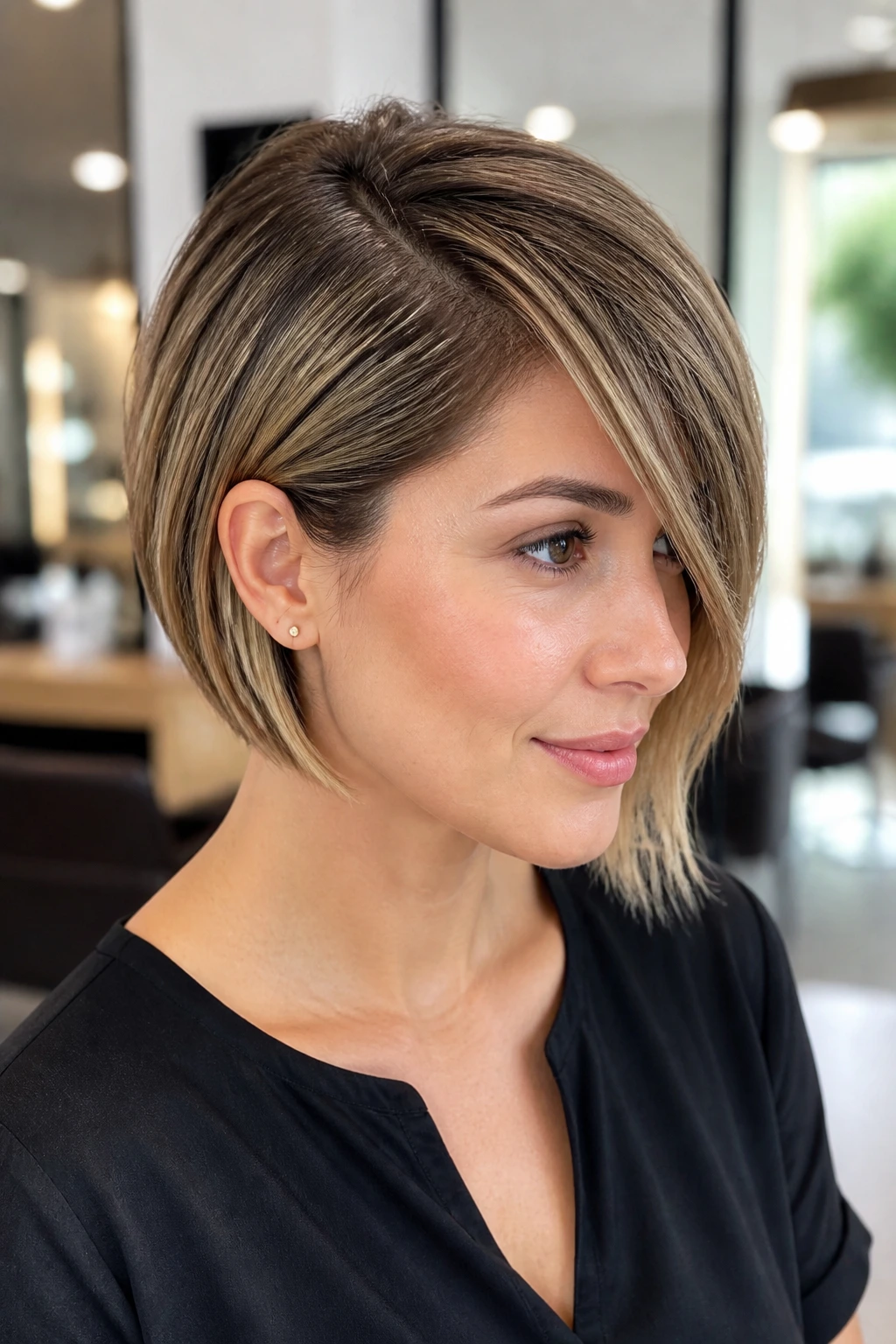 Close-up of a real woman with a diagonal side-parted pageboy showing modern texture
