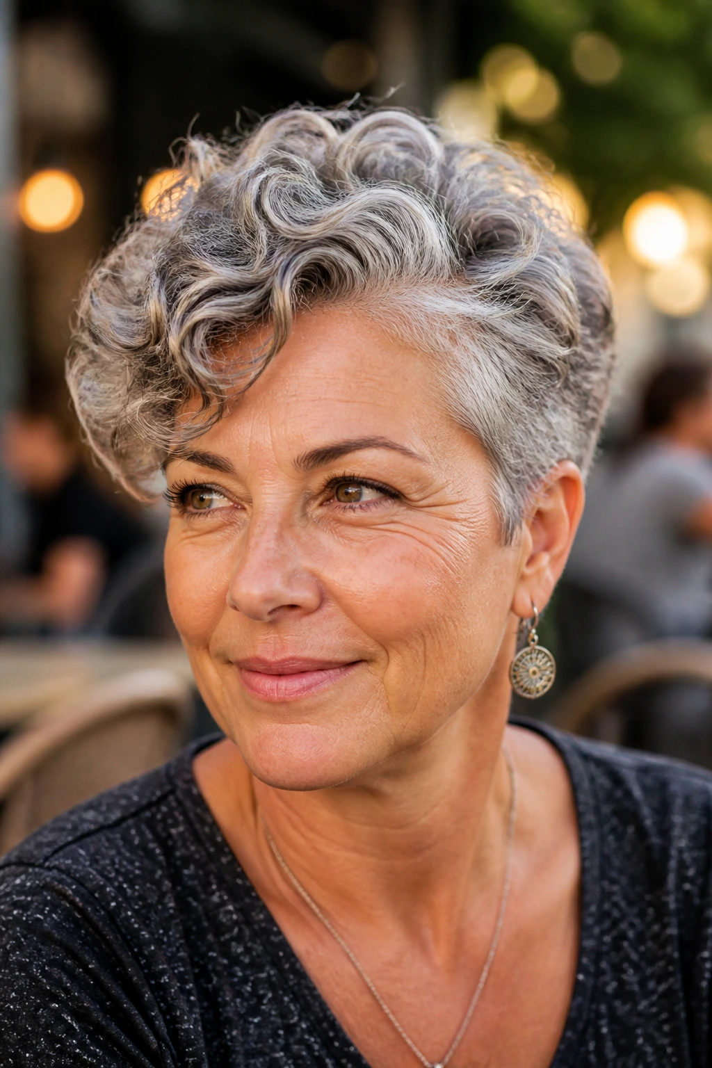 Portrait of a real woman with a side-parted curly pixie and sweeping volume outdoors
