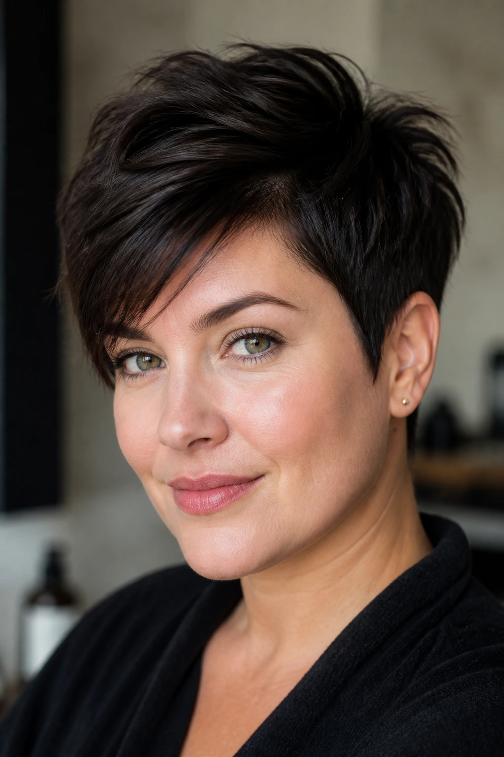 Portrait of woman with side-parted pixie and lifted top