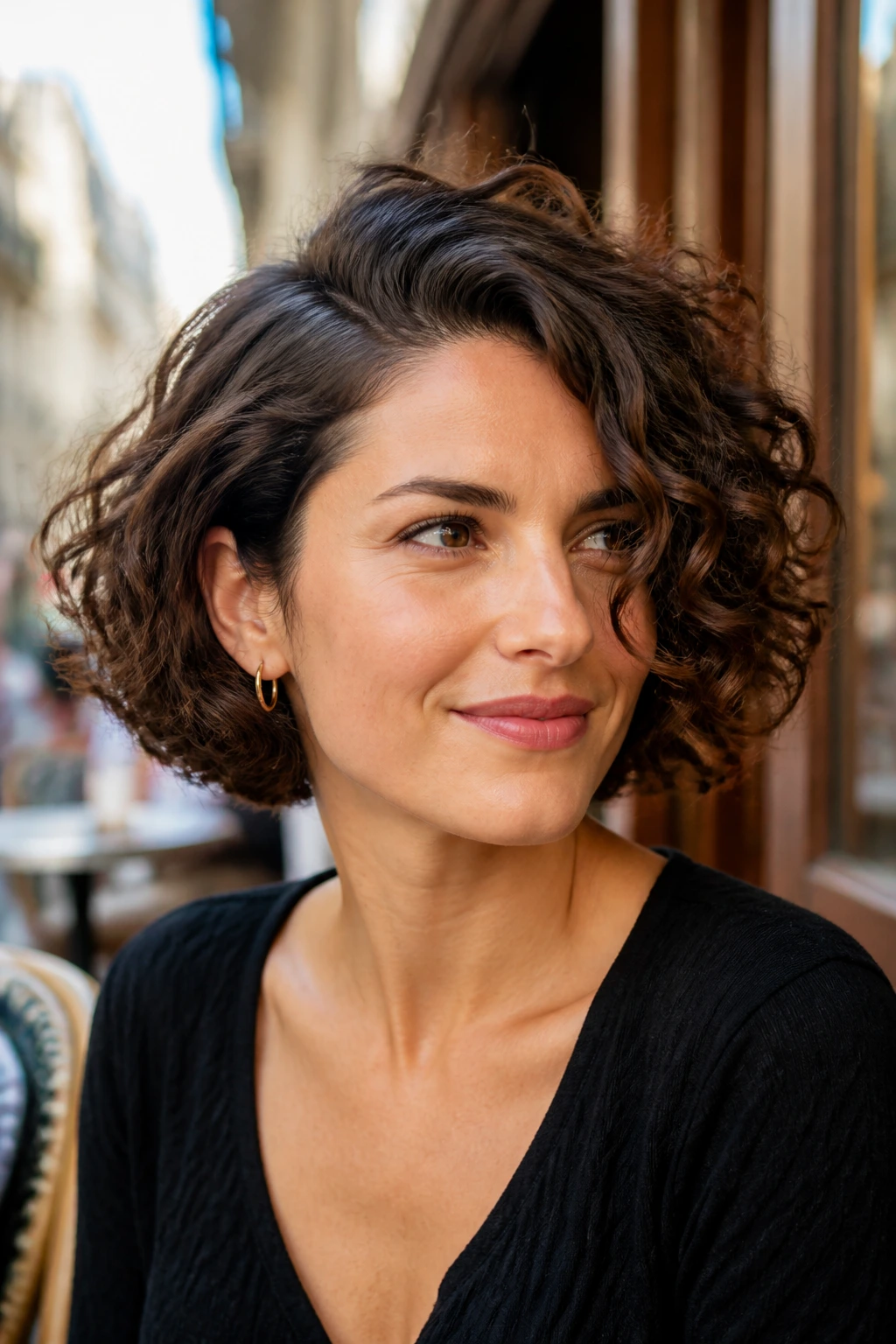 Three-quarter portrait of a real woman with a deep side-parted rounded curly bob.