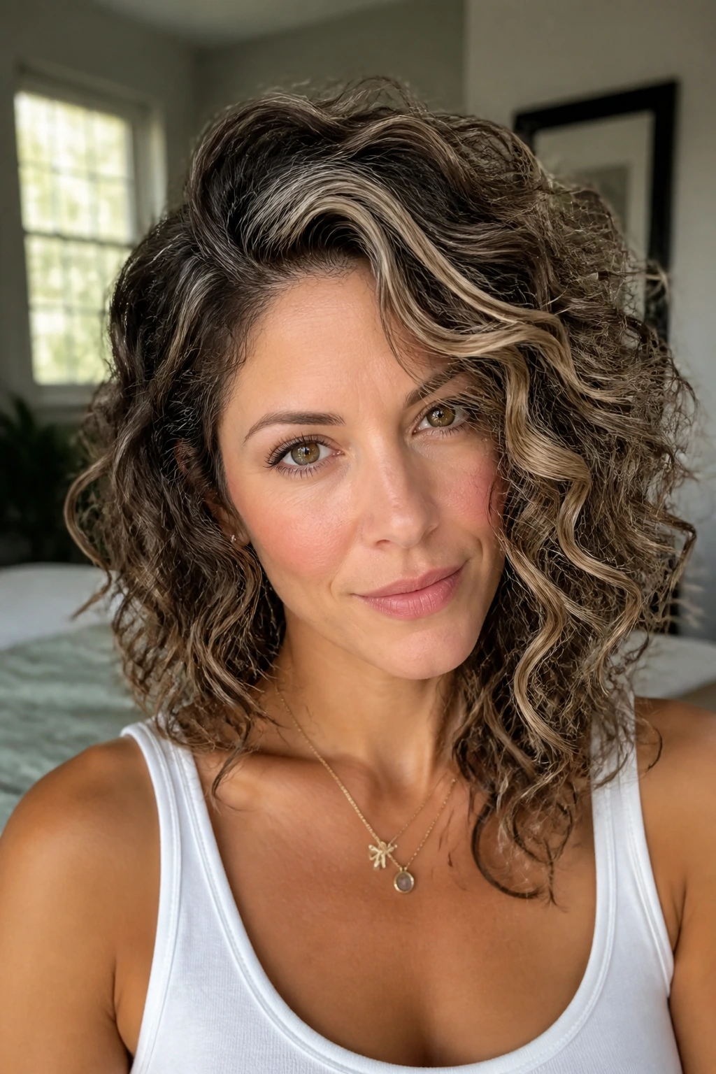 Close-up of a real woman with side-parted curly shag and asymmetric babylights