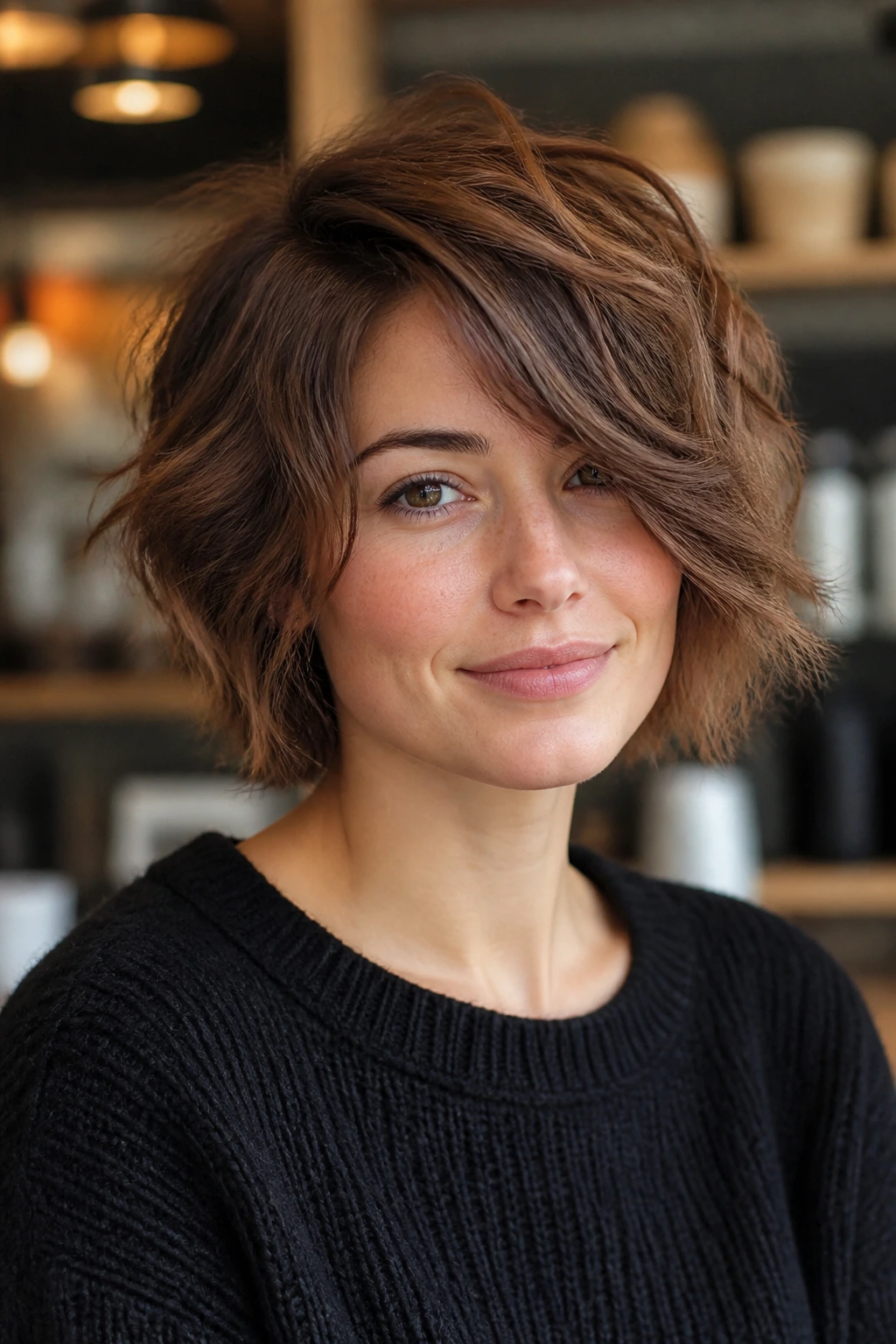 Side-parted shag bob portrait with diagonal fringe in warm cafe light