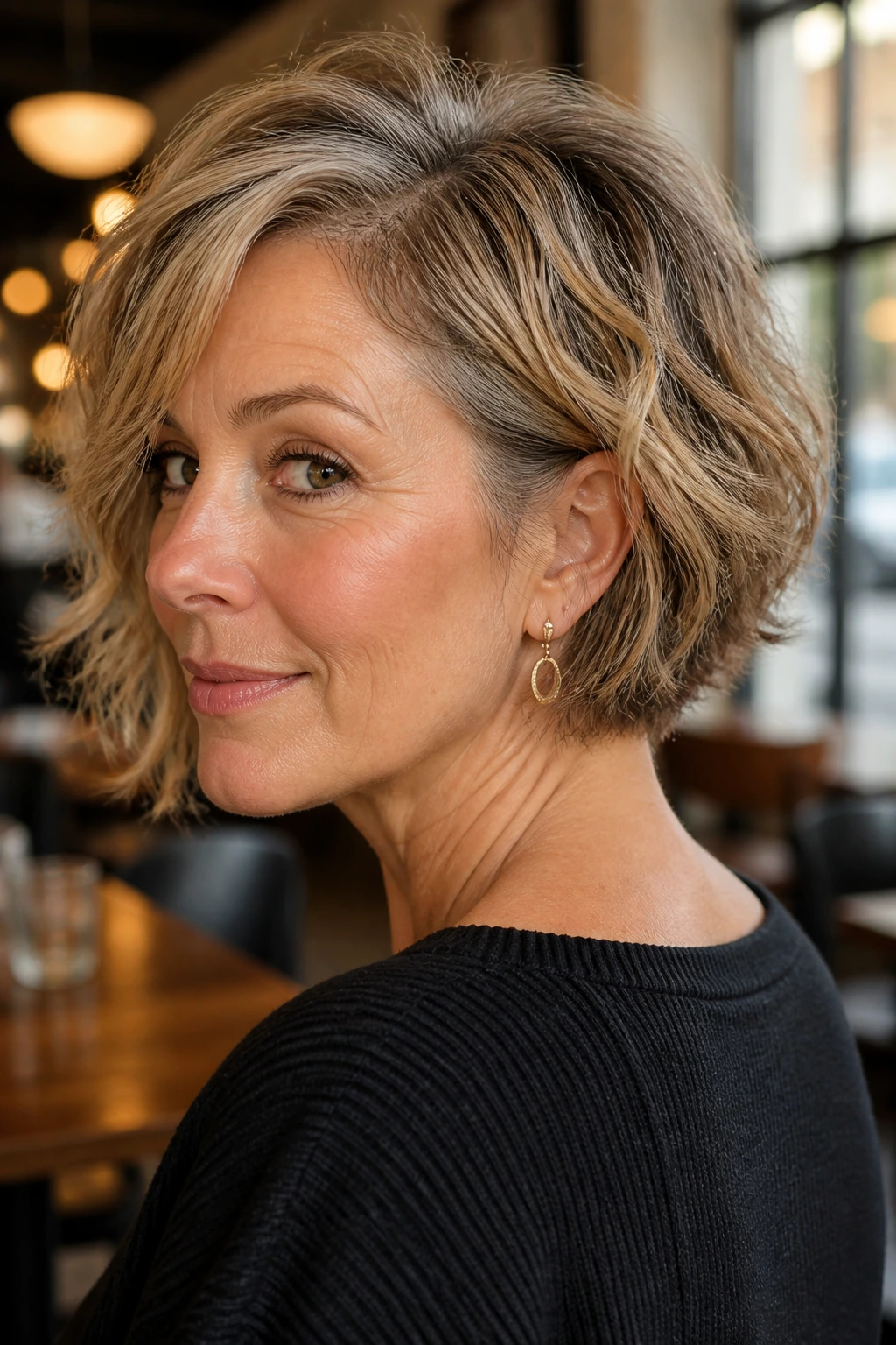 Portrait of a woman with side-parted shaggy bob and tapered nape