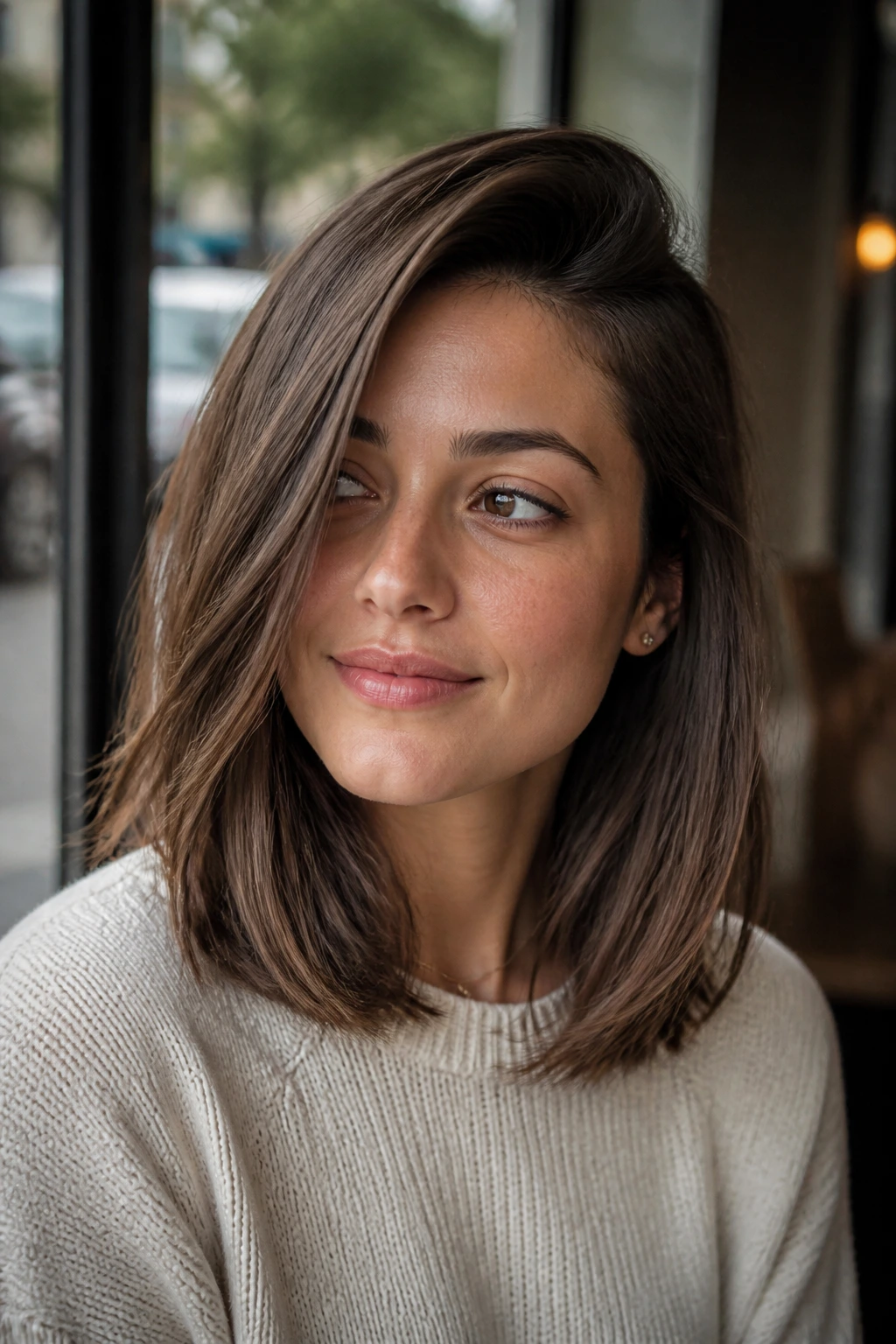 Portrait of a real woman with side-parted shoulder-length cut and volume