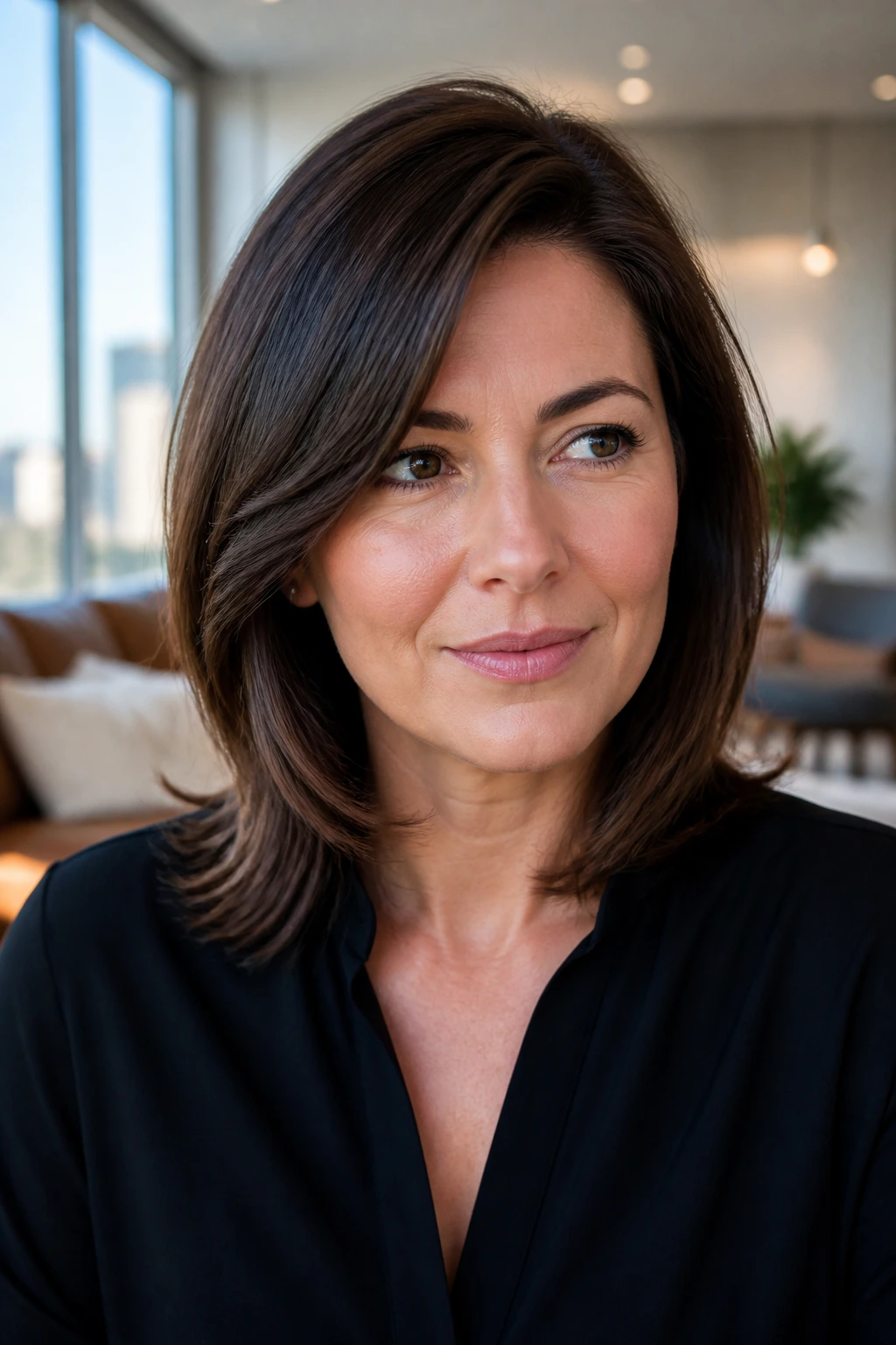 Close-up portrait of a real woman with side-parted shoulder cut and tucked layers