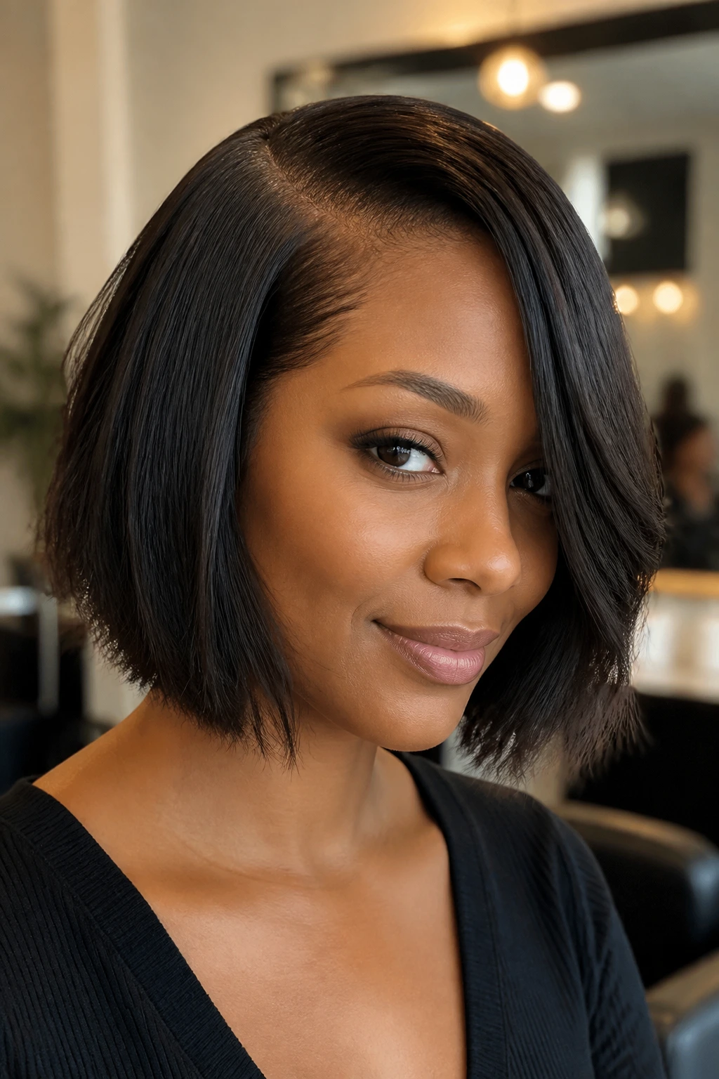 Close-up of a Black woman with a side-parted silky bob and textured ends in a modern salon
