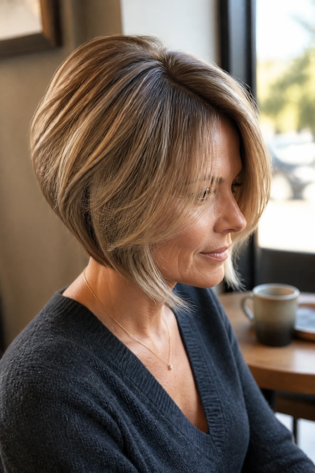 Close-up of a real woman with a side-parted stacked bob and crown lift.