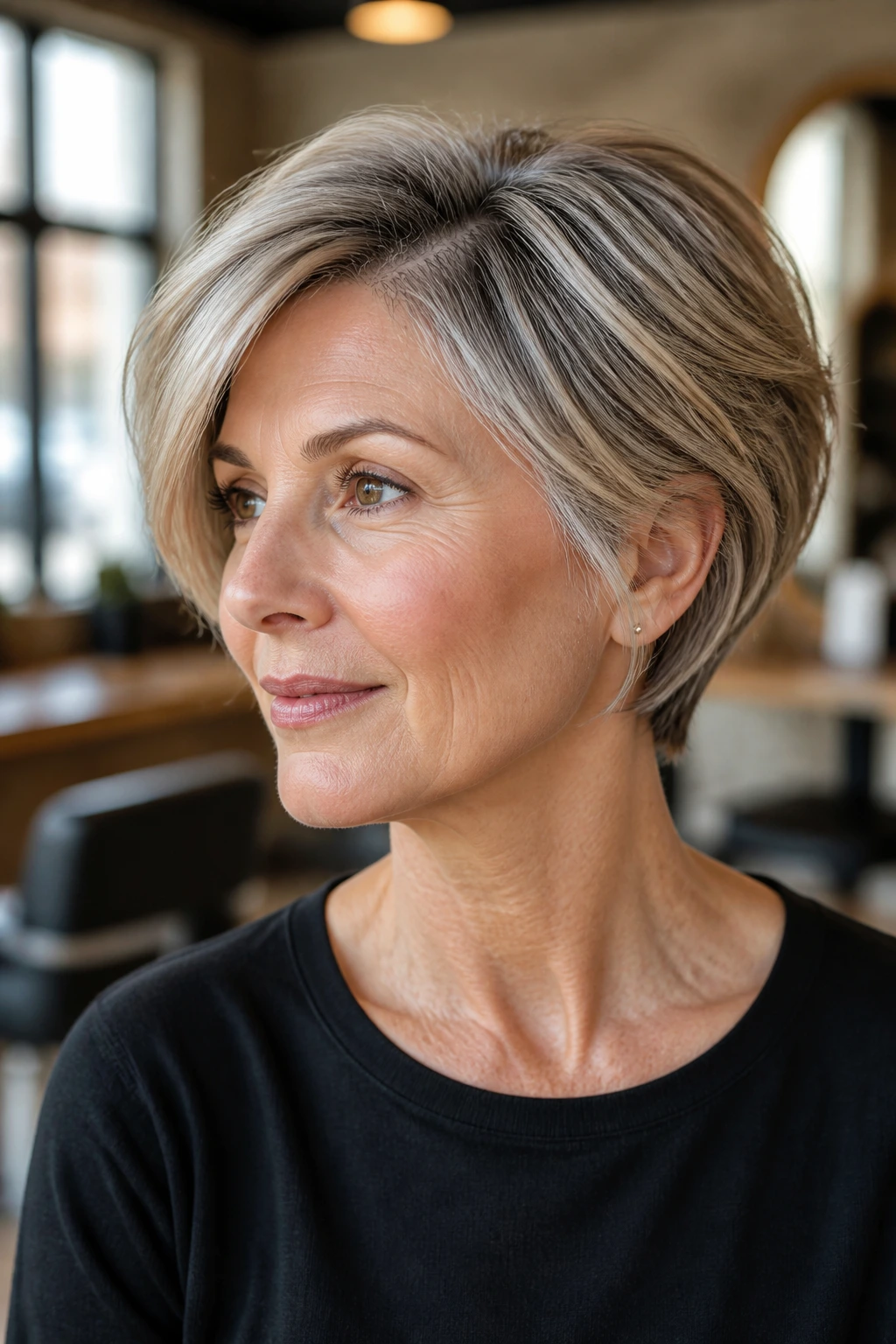 Close-up portrait of a real woman with a side-parted tapered bob in warm salon light