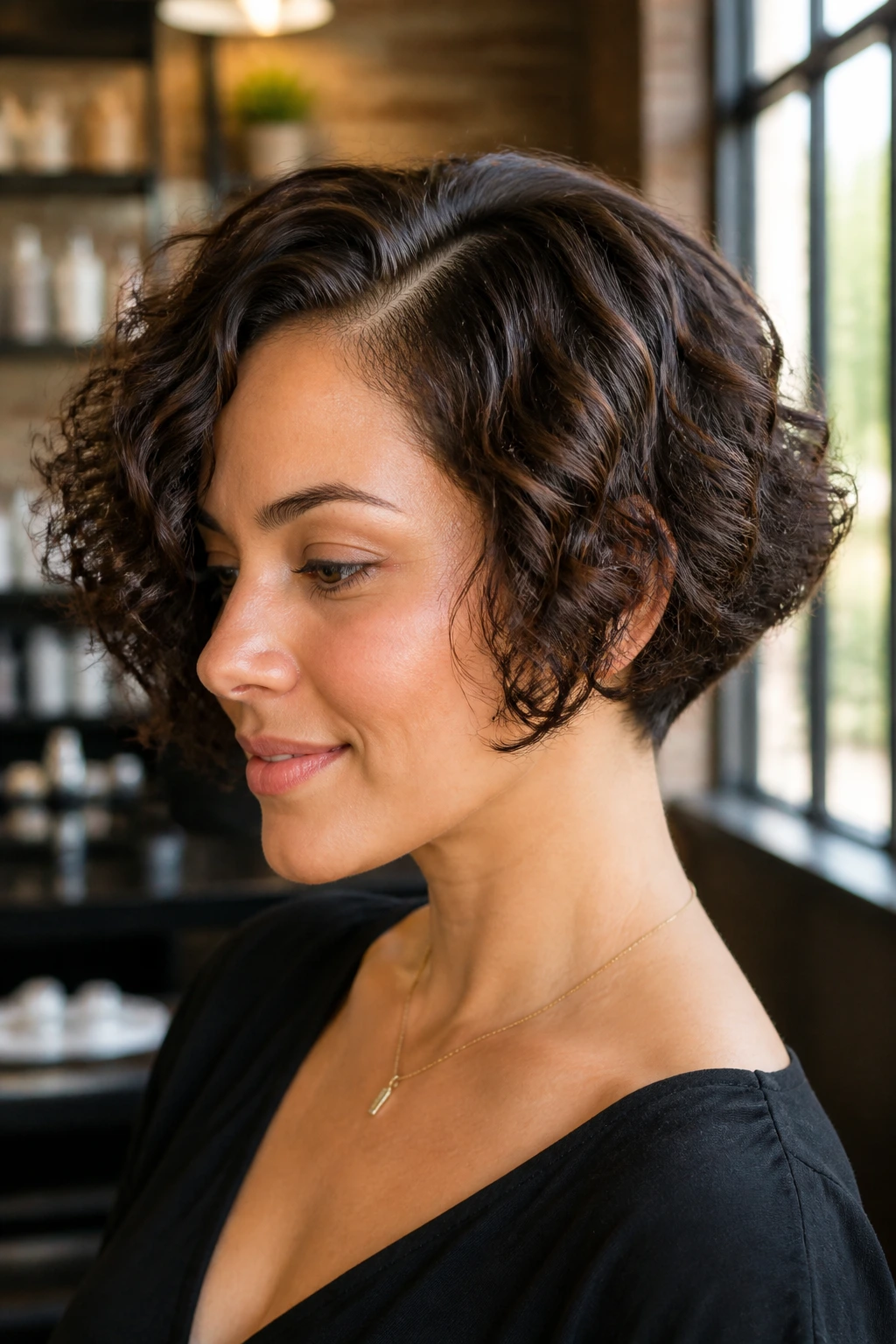 Portrait of woman with side-parted tapered bob.