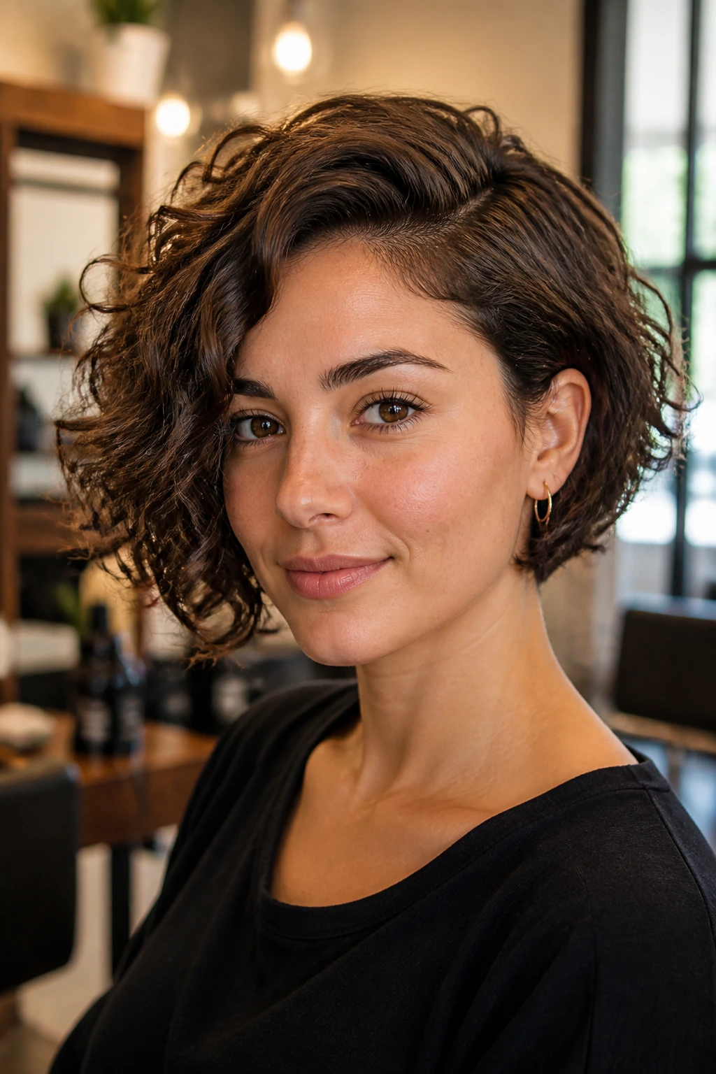 Close-up portrait of a real woman with side-parted tapered bob and curly texture