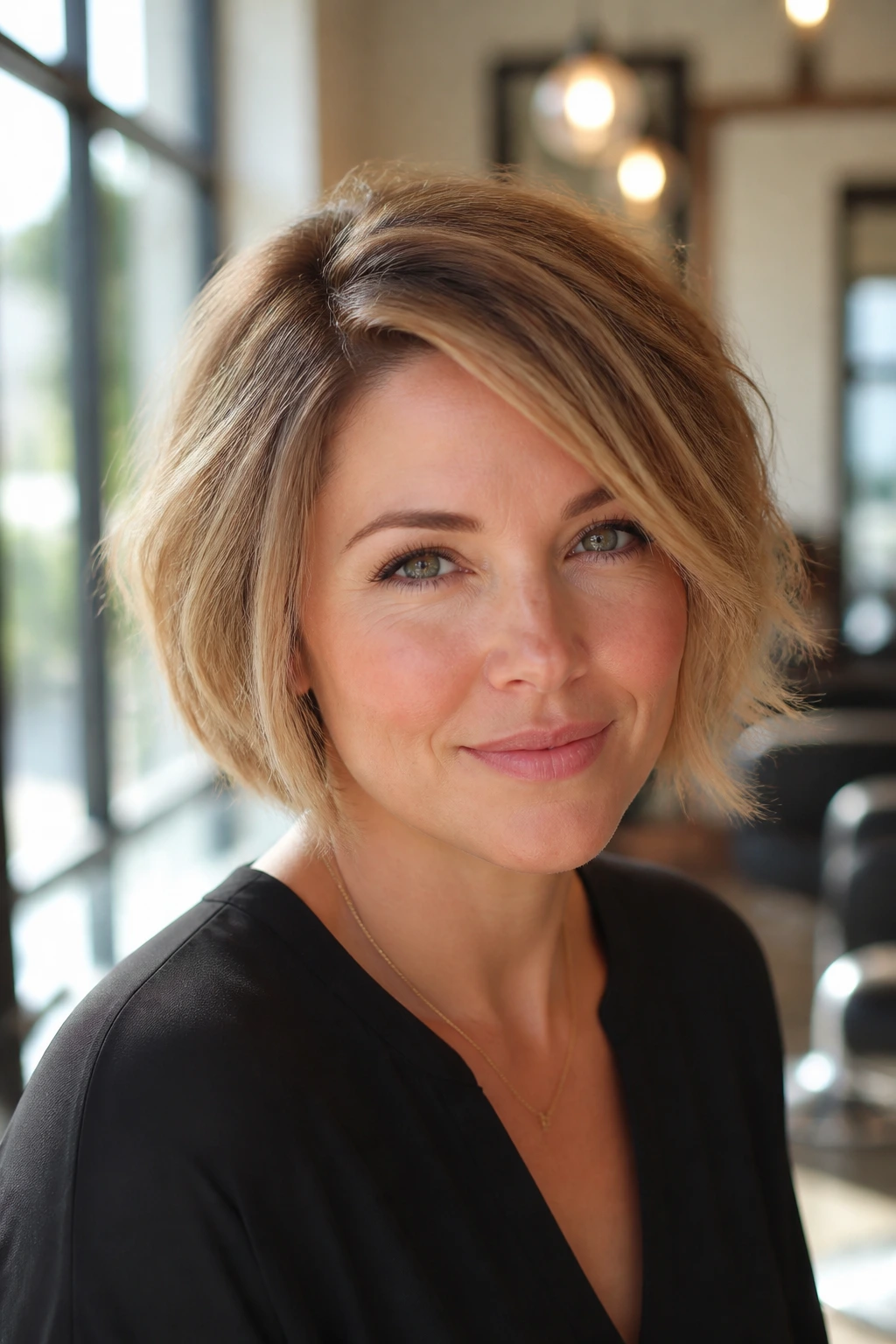 Real woman with chin-length textured bob and off-center part