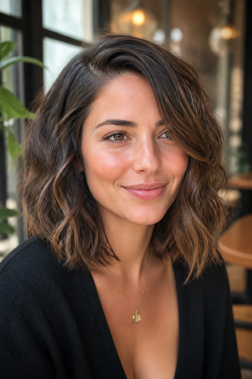 Close-up of side-parted textured lob on a real woman