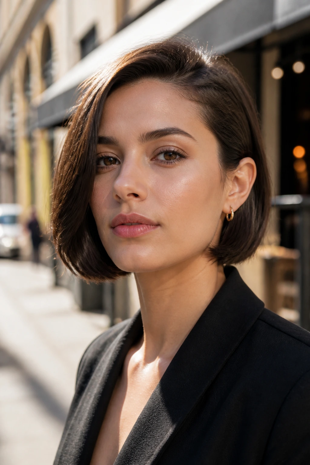 Portrait of woman with side-parted tucked bob and tucked ear