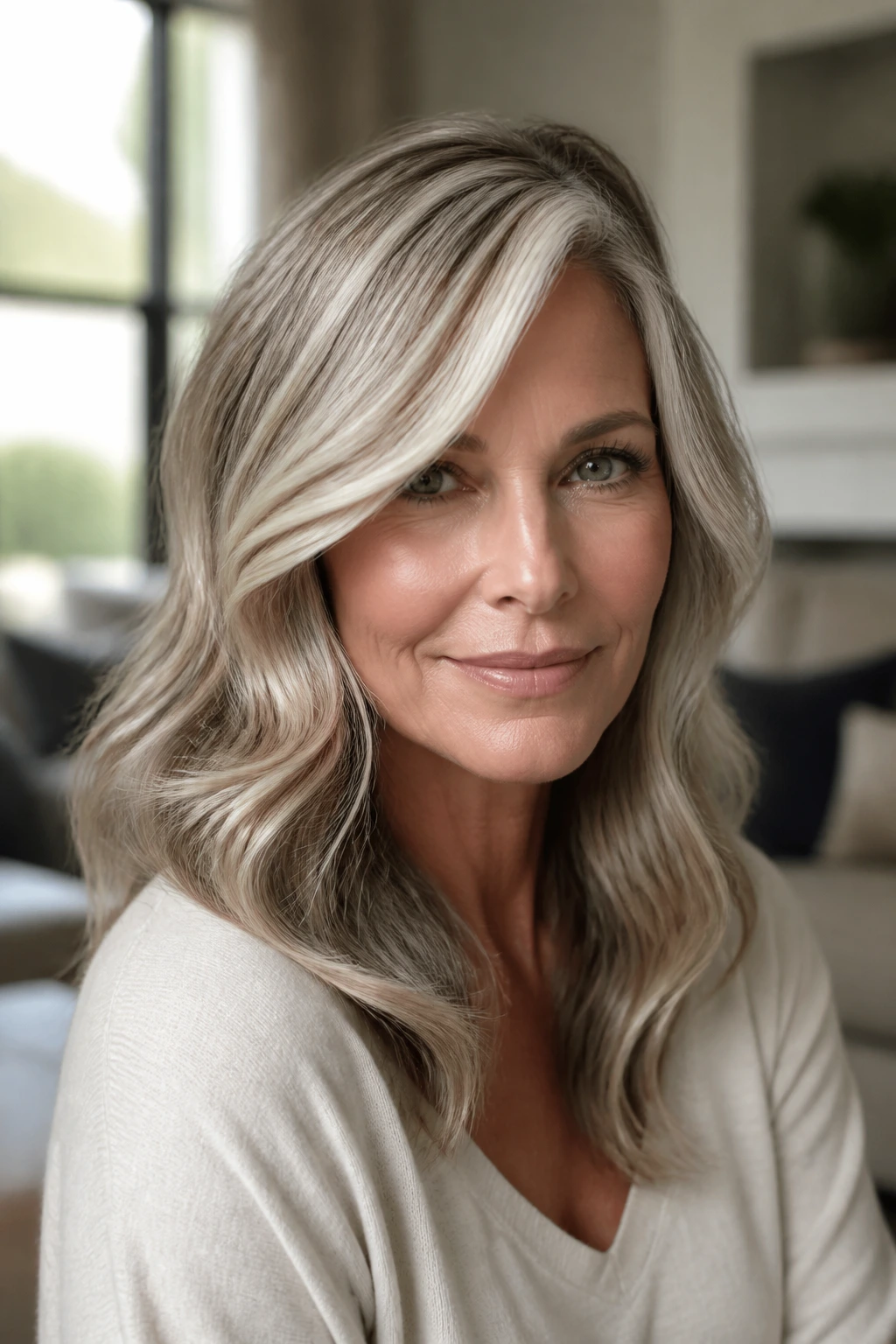 Portrait of a real woman with side-parted waves and face-framing pieces