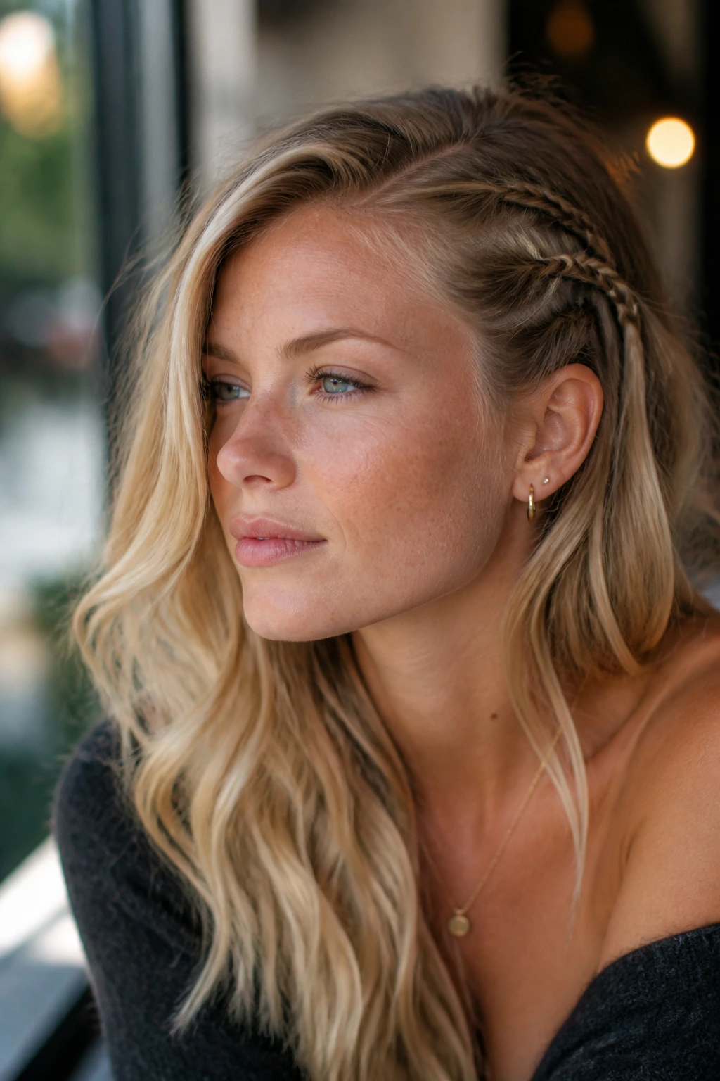 Close-up of a real woman with side-parted waves and micro braids at the face