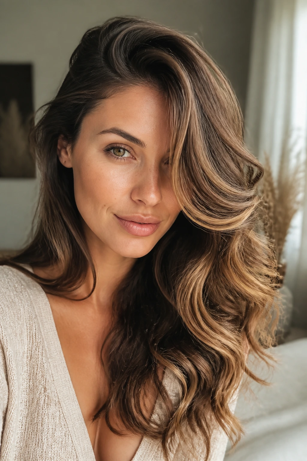 Close-up portrait of a woman with a deep side part and cascading waves framing her face