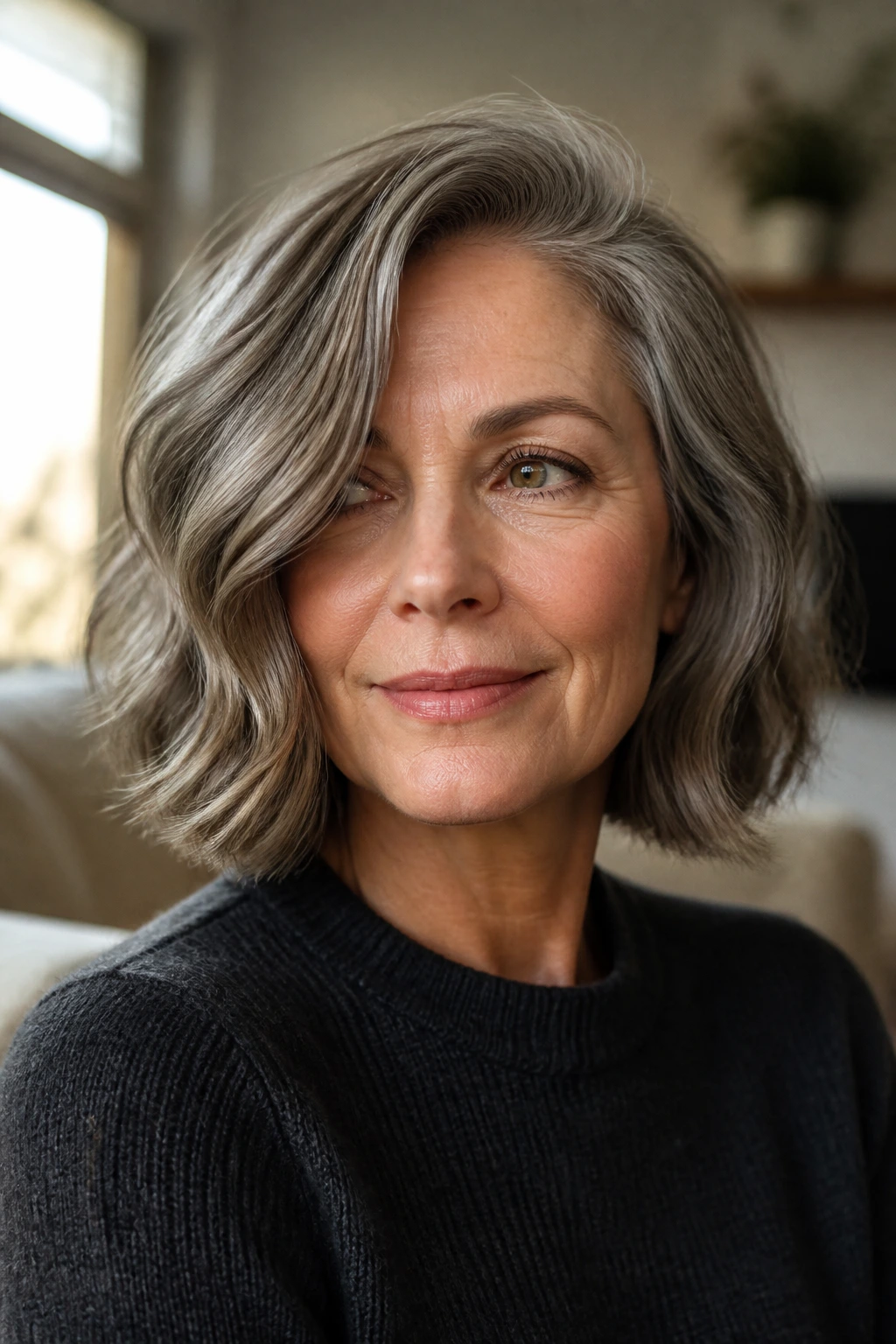 Close-up of a real woman with a deep side-parted wavy bob in warm window light