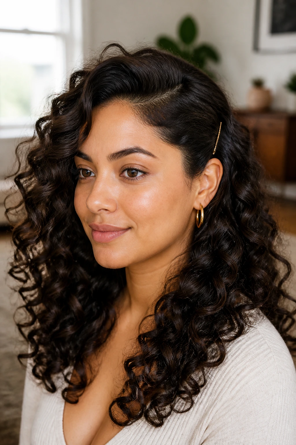 Portrait of a woman with a side pin-back sweep on thick curly hair.