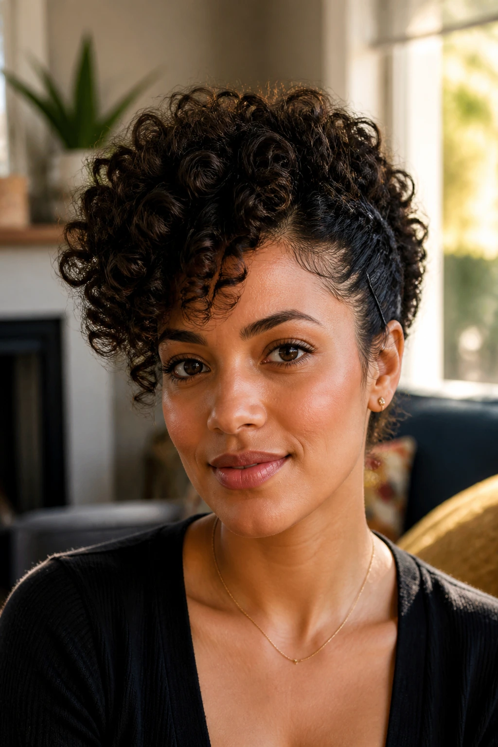 Real woman with side-pinned halo puff hairstyle.