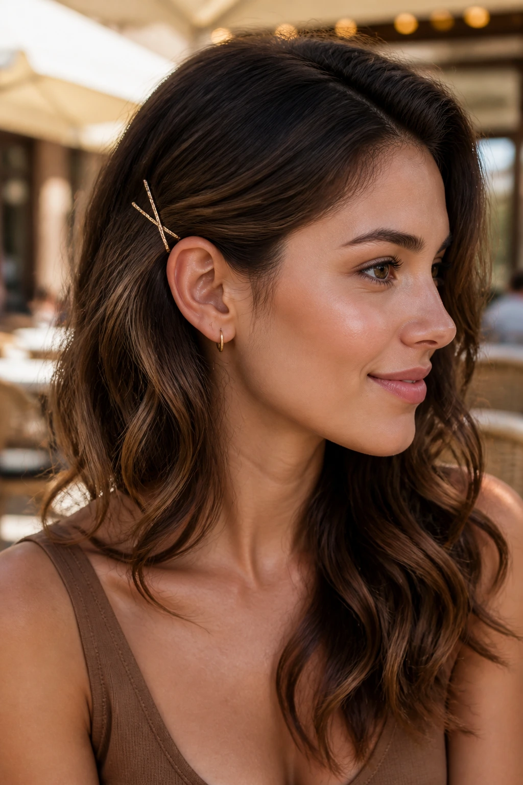 Close-up of brunette woman with side-pinned waves pinned behind the ear using two bobby pins