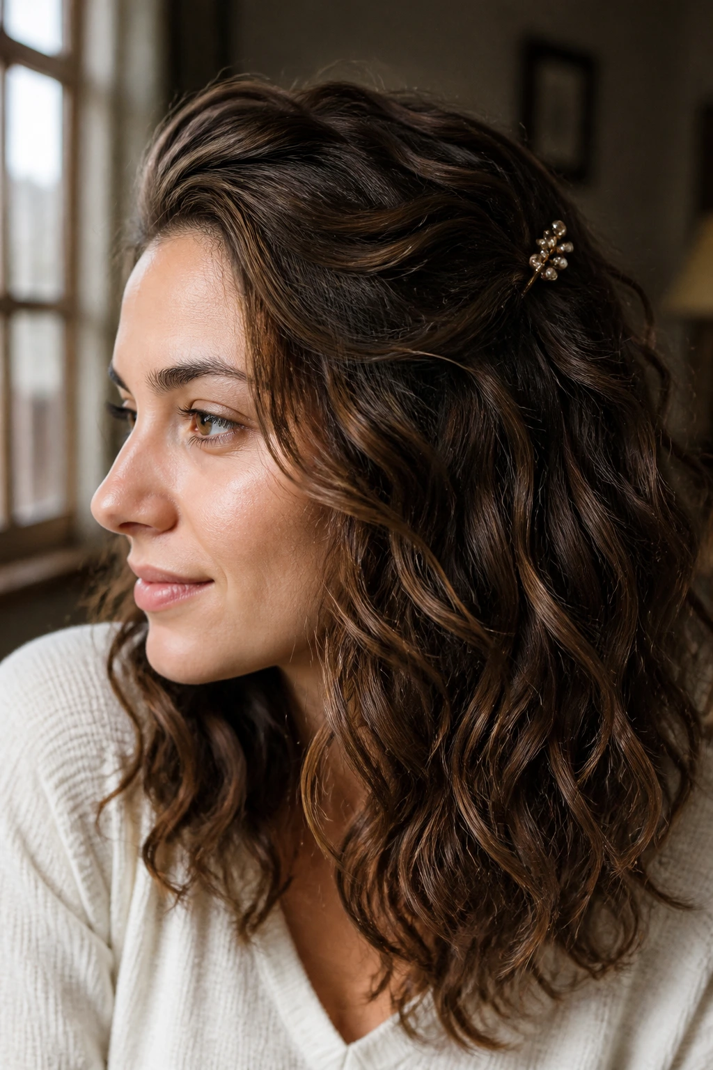 Real woman with side-pinned waves and smoky chocolate lowlights