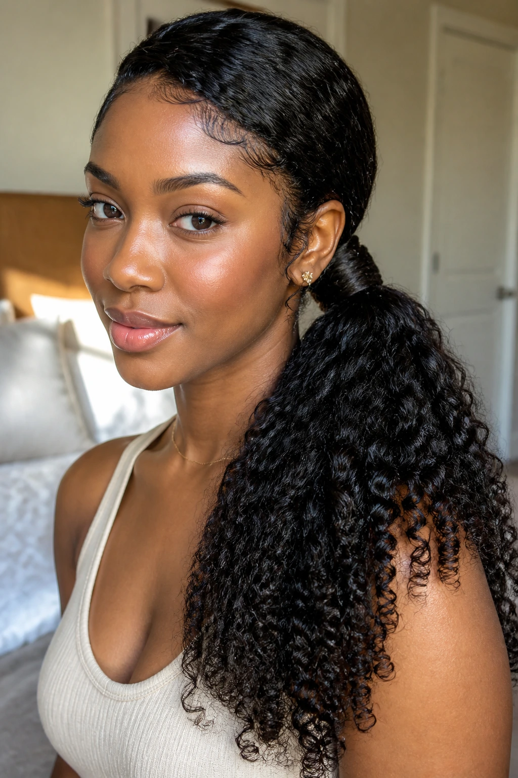 Close-up of a real woman's side ponytail with wrapped base and curly texture